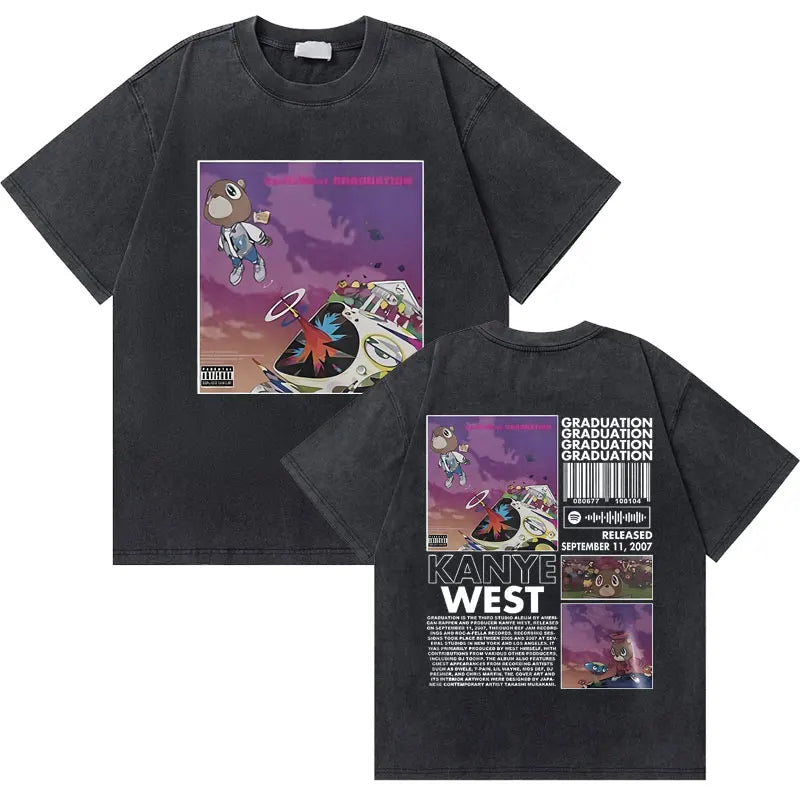 Black cotton t-shirt featuring west graduation bear artwork front and back in washed vintage rapper hip hop fashion oversized style