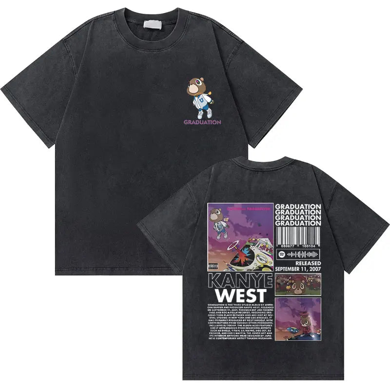 Black cotton t-shirt featuring washed vintage rapper west graduation bear graphic and full album art on back in hip hop fashion oversized fit