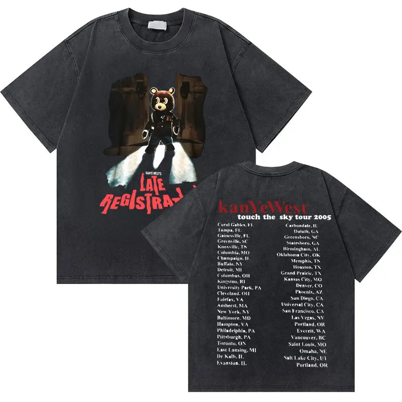 Black cotton t-shirt featuring west graduation bear graphic and back 2005 tour dates in washed vintage rapper hip hop fashion oversized style