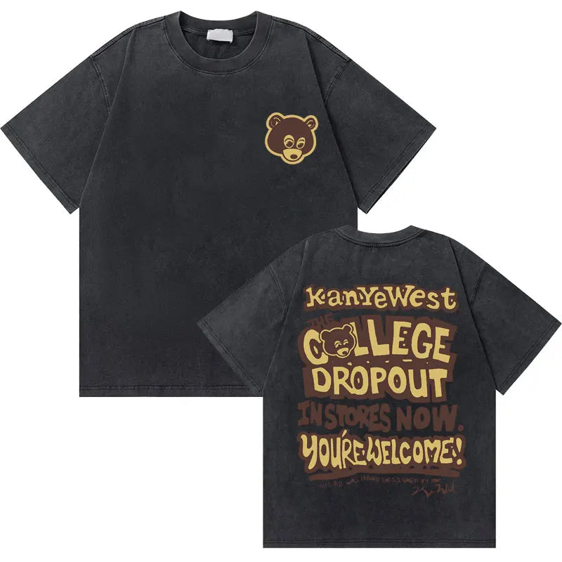 Black cotton washed vintage rapper t shirt with west graduation bear graphic front and hip hop fashion oversized back view
