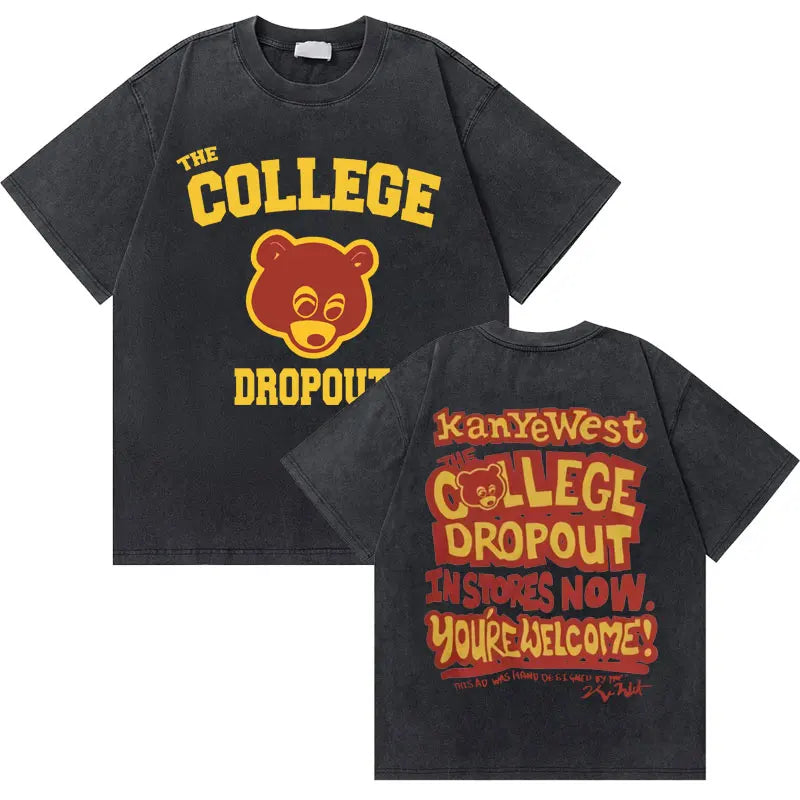 Black pure cotton washed vintage rapper t shirt featuring west graduation bear graphic and hip hop fashion oversized fit