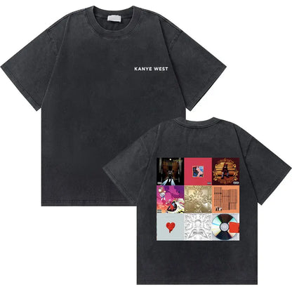 Black washed vintage rapper cotton t-shirt featuring west graduation bear album collage on back and hip hop fashion oversized fit