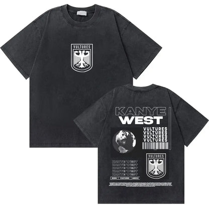 Black cotton t-shirt with white vultures logo and kanye west text featuring washed vintage rapper hip hop fashion oversized style