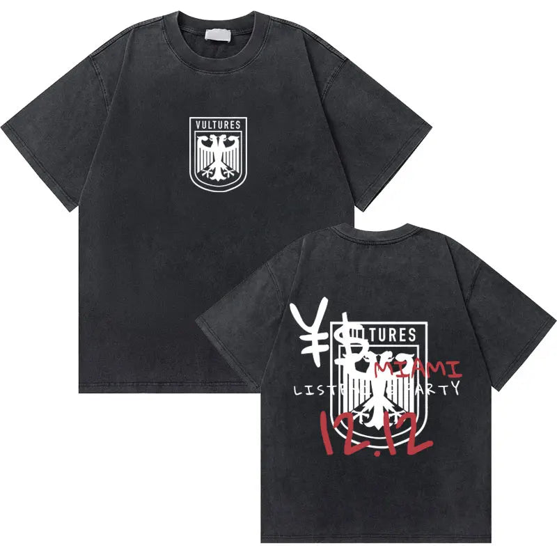 Black pure cotton short-sleeved t-shirt with white and red west graduation bear eagle graphic washed vintage rapper style hip hop fashion oversized