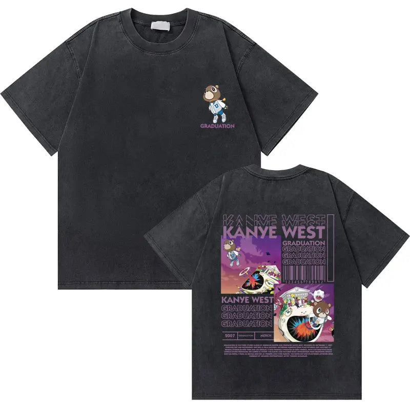 Black cotton t shirt with west graduation bear graphic front and psychedelic kanye west album art back washed vintage rapper hop fashion oversized