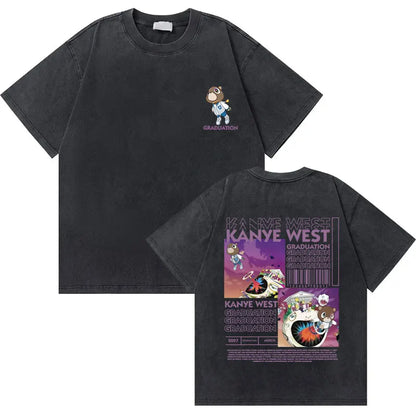 Black cotton t shirt with west graduation bear graphic front and psychedelic kanye west album art back washed vintage rapper hop fashion oversized