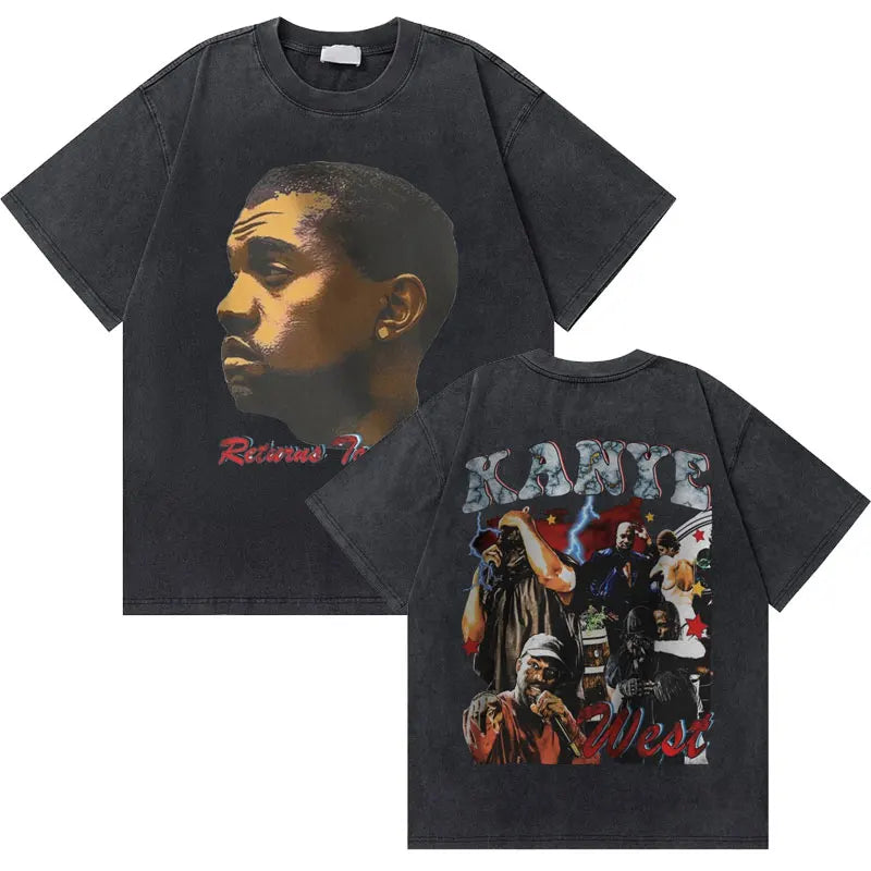 Black pure cotton graphic tee featuring washed vintage rapper kanye west graduation bear design in hip hop fashion oversized fit