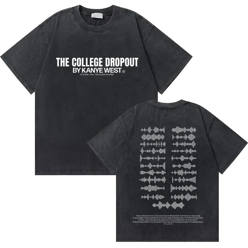 Black cotton washed vintage rapper t shirt with white west graduation bear text front and gray waveform back hop fashion oversized