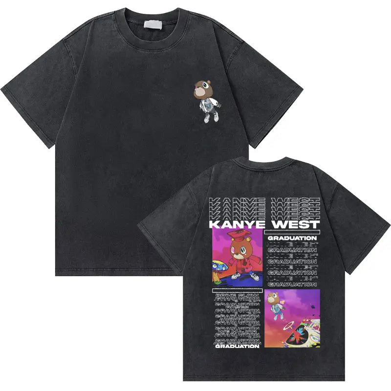 Black cotton t-shirt with west graduation bear graphic on back and small embroidered bear on left chest in hip hop fashion oversized style