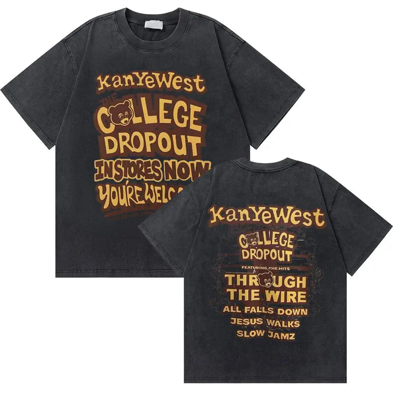 Black cotton washed vintage rapper t shirt with faded west graduation bear graphic for hip hop fashion oversized fit