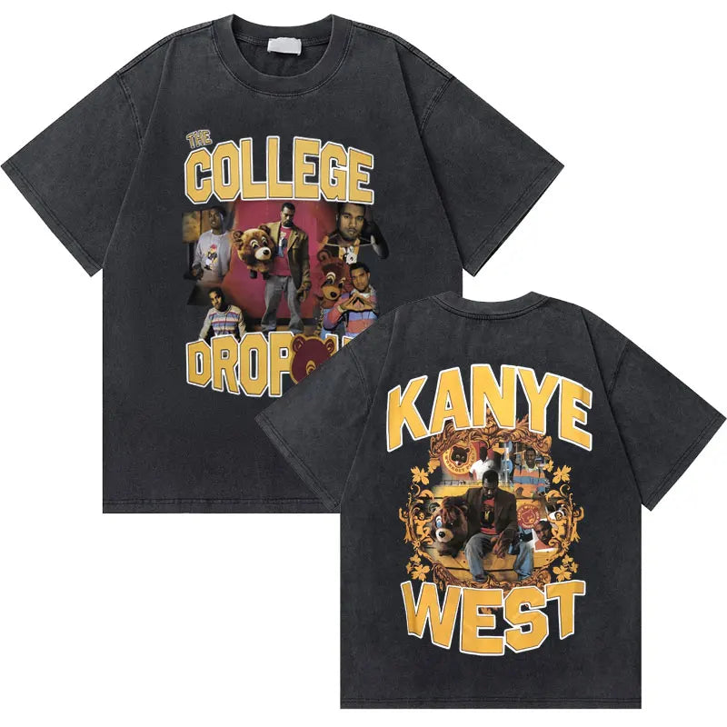 Black cotton t-shirt featuring a washed vintage rapper west graduation bear graphic with hip hop fashion oversized fit