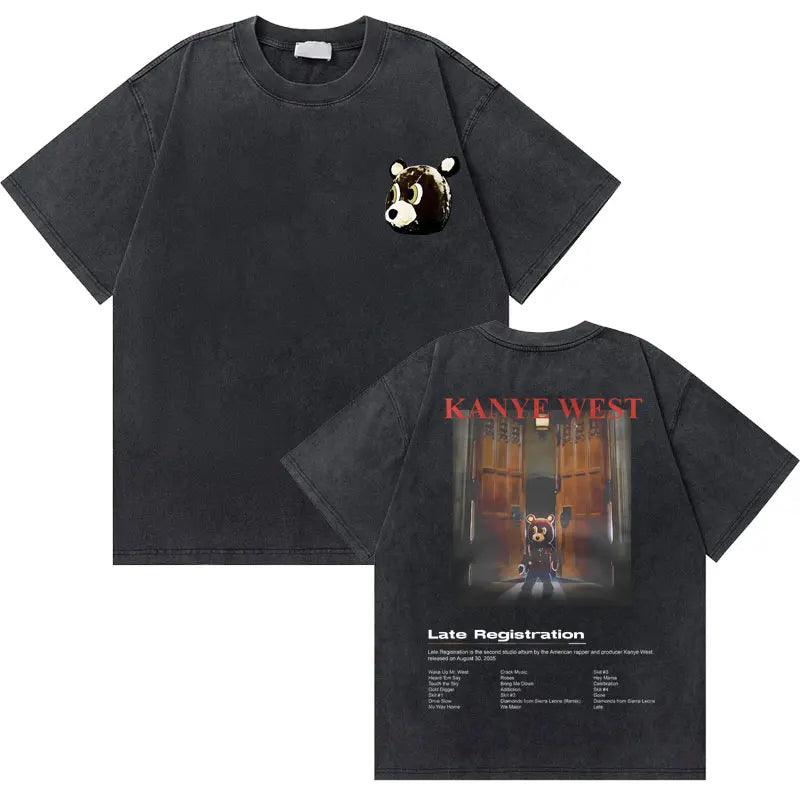 Black cotton was washed vintage rapper t shirt with west graduation bear graphic on the back hip hop fashion oversized