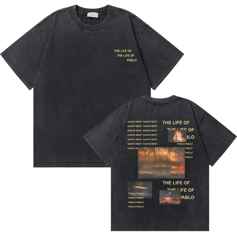 Black cotton washed vintage rapper t-shirt featuring west graduation bear gold distressed design hip hop fashion oversized