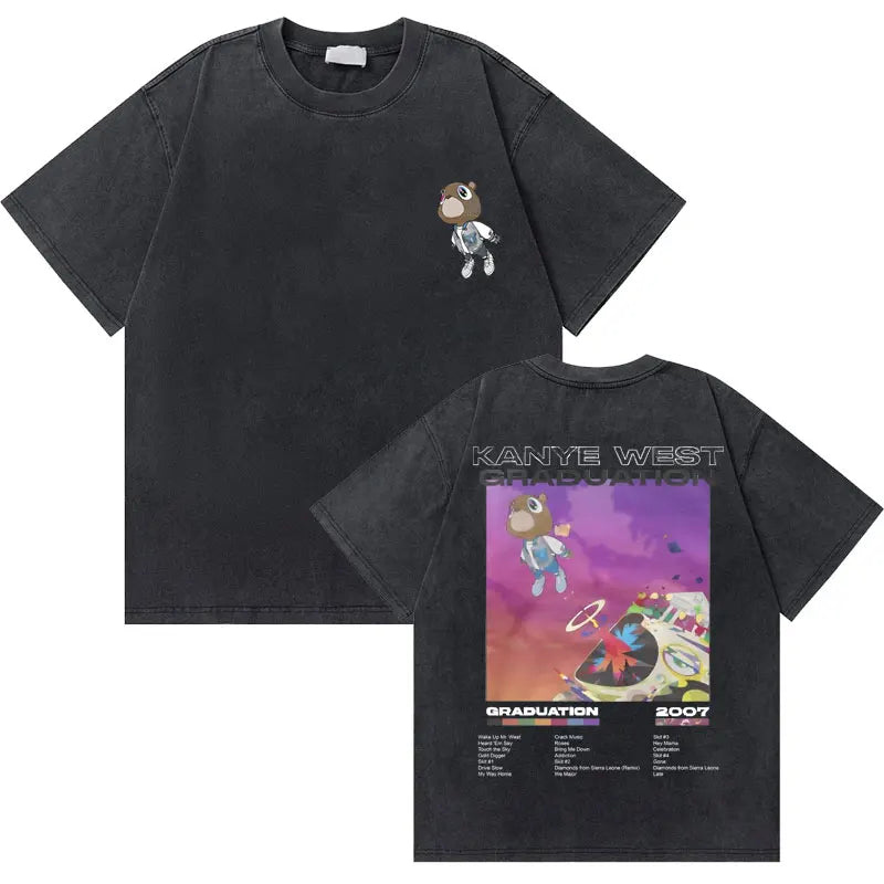 Black cotton t shirt with small embroidered bear front and vibrant west graduation bear full back print in hop fashion oversized style