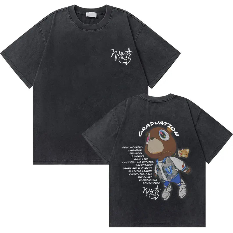 Black cotton t-shirt featuring west graduation bear graphic on back and white logo on front chest for hip hop fashion oversized look