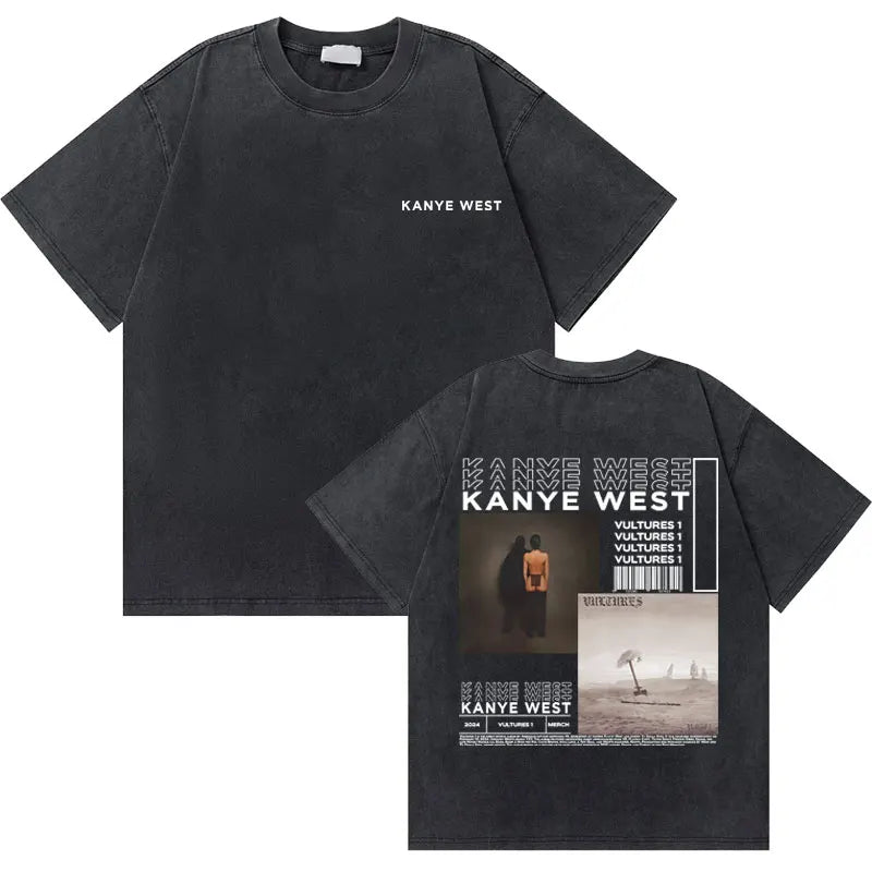 Black pure cotton washed vintage rapper t shirt with distressed west graduation bear graphic on back and white text front