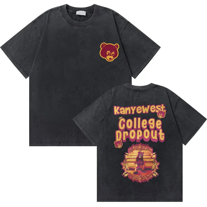 Black cotton t shirt with washed vintage rapper style featuring west graduation bear embroidery and hip hop fashion oversized fit