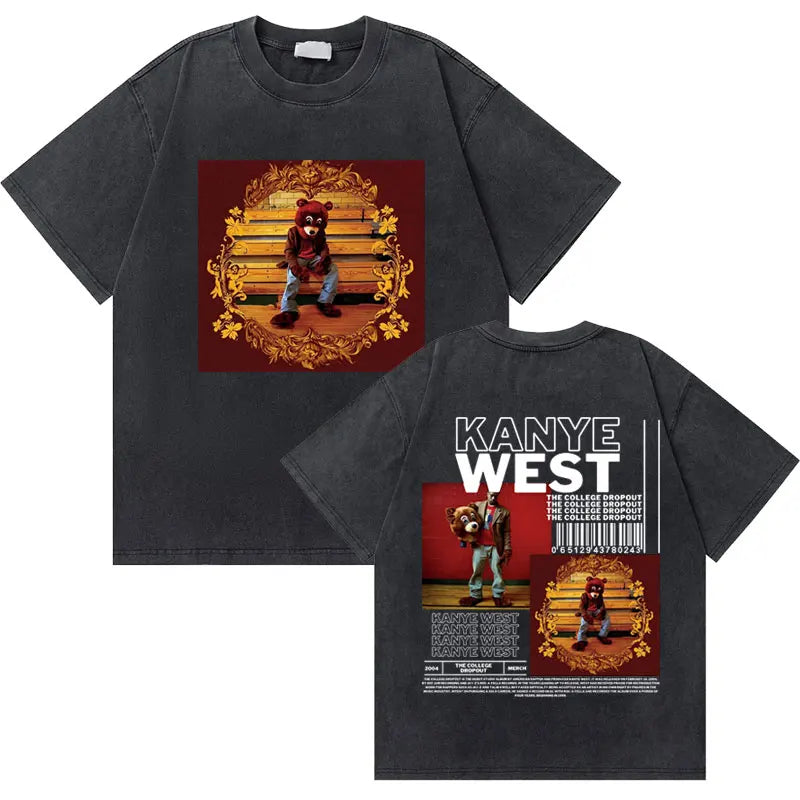Black cotton washed vintage rapper t-shirt with west graduation bear graphic on front and back hip hop fashion oversized