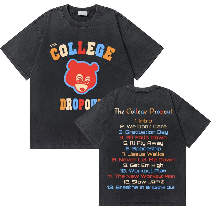 Black cotton washi vintage rapper t shirt with west graduation bear graphic and tracklist on the back hip hop fashion oversized