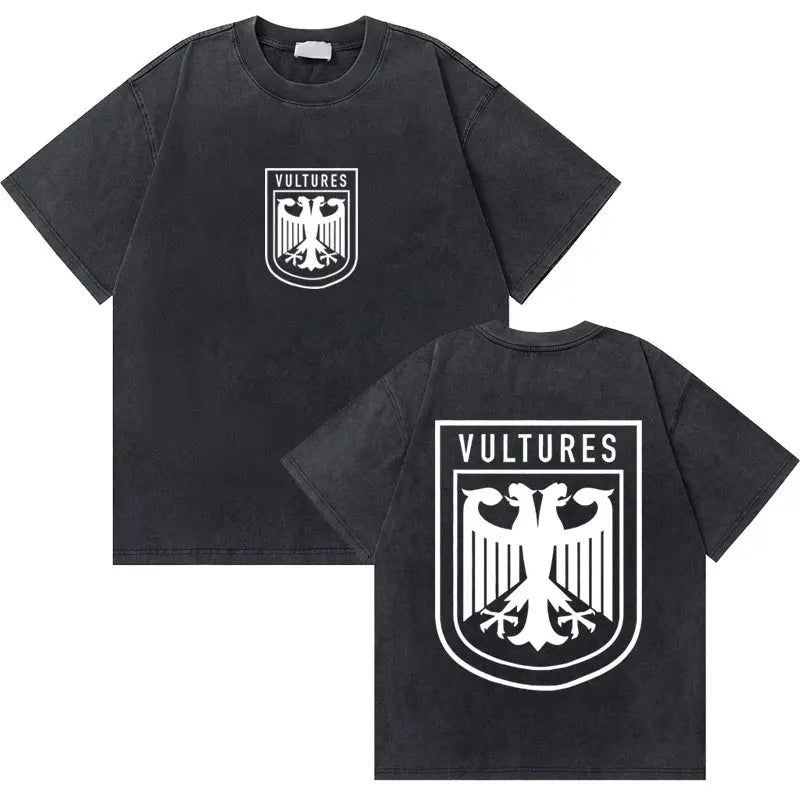 Black pure cotton short-sleeved t-shirt with white embroidered eagle crest and vultures text in washed vintage rapper style