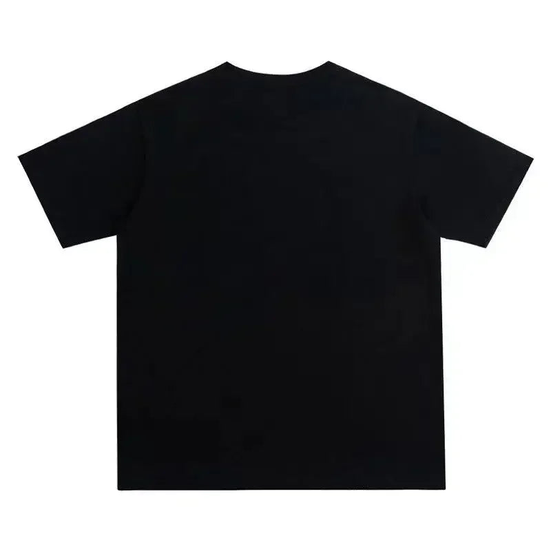 Black short-sleeved pure cotton t-shirt with washed vintage rapper west graduation bear graphic in hip hop fashion oversized style