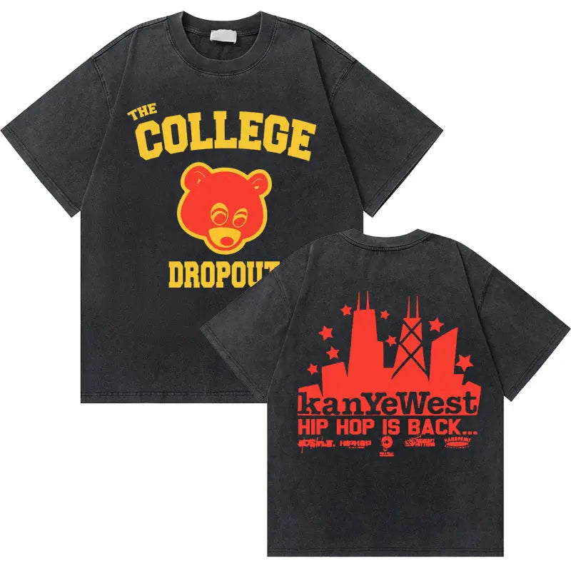 Black short-sleeved pure cotton t-shirt with washed vintage rapper west graduation bear graphic and hip hop fashion oversized fit