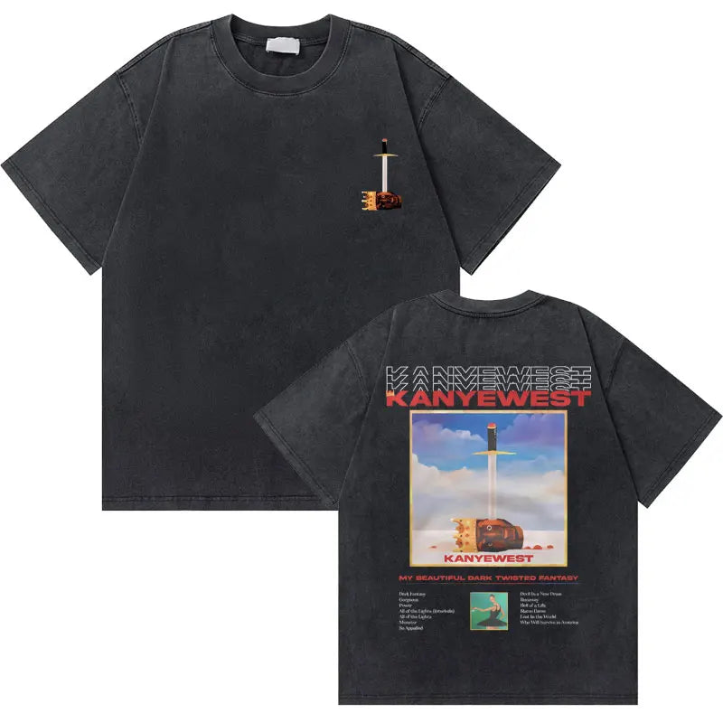 Black cotton washed vintage rapper t shirt with west graduation bear sword graphic on back and hip hop fashion oversized fit