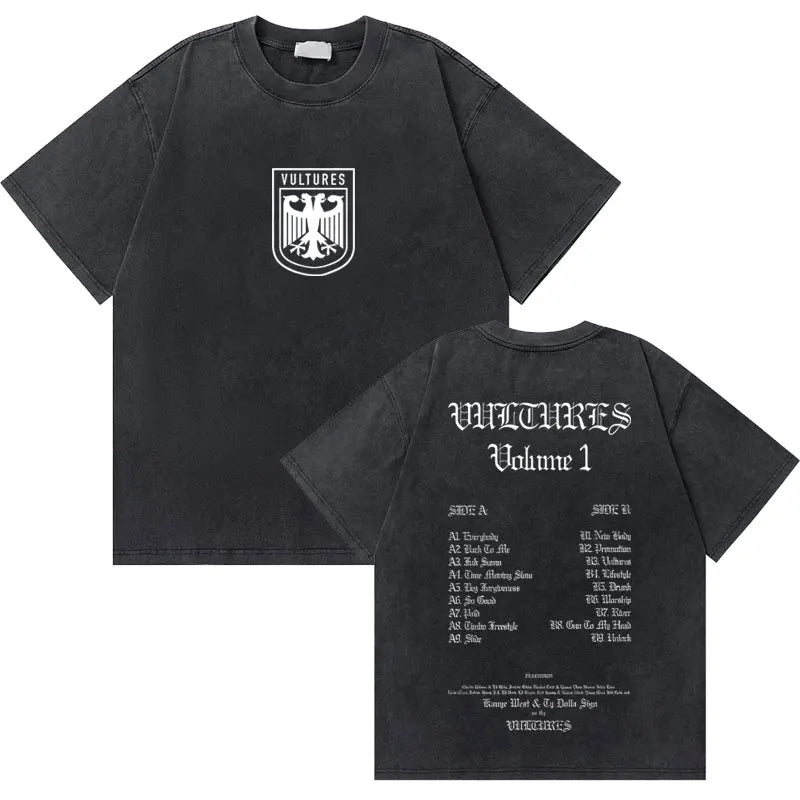 Black cotton t-shirt featuring a white eagle shield emblem with west graduation bear gothic tracklist on the back, hip hop fashion oversized