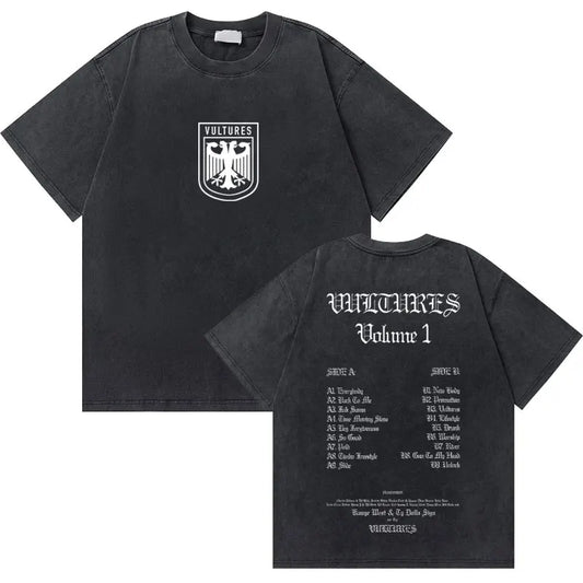 Black cotton t-shirt featuring a white eagle shield emblem with west graduation bear gothic tracklist on the back, hip hop fashion oversized