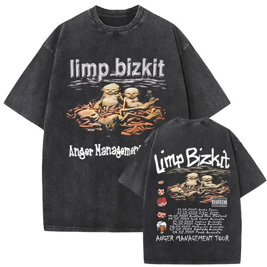Black distressed cotton t-shirt with washed vintage rock limp bizkit graphic and hip hop retro anger management tour print