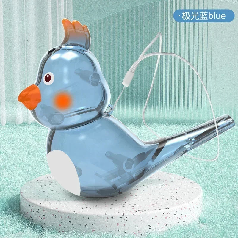 Transparent blue plastic bird whistle children toy with orange beak and white cord for oral muscle pronunciation training