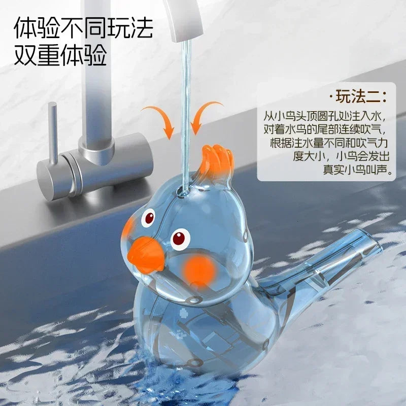 Transparent blue plastic bird whistle children toy with orange beak for oral muscle pronunciation training and play