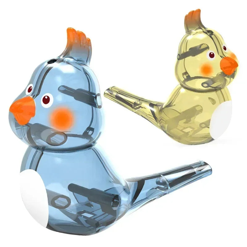 Transparent blue and yellow bird whistle children toy with orange beak for oral muscle pronunciation training and education