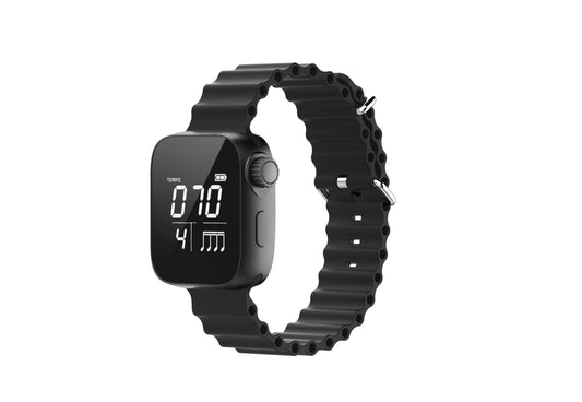 Black wearable vibrating metronome watch with sleek rectangular face and textured silicone band for running music practice