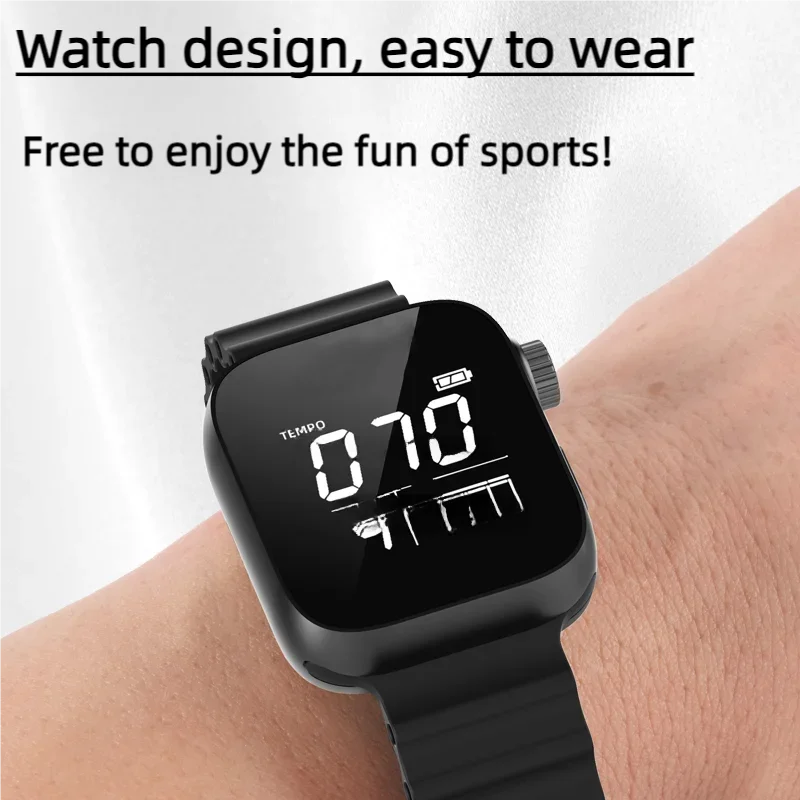 Black wearable vibrating metronome watch with sleek square face and adjustable strap for running music practice