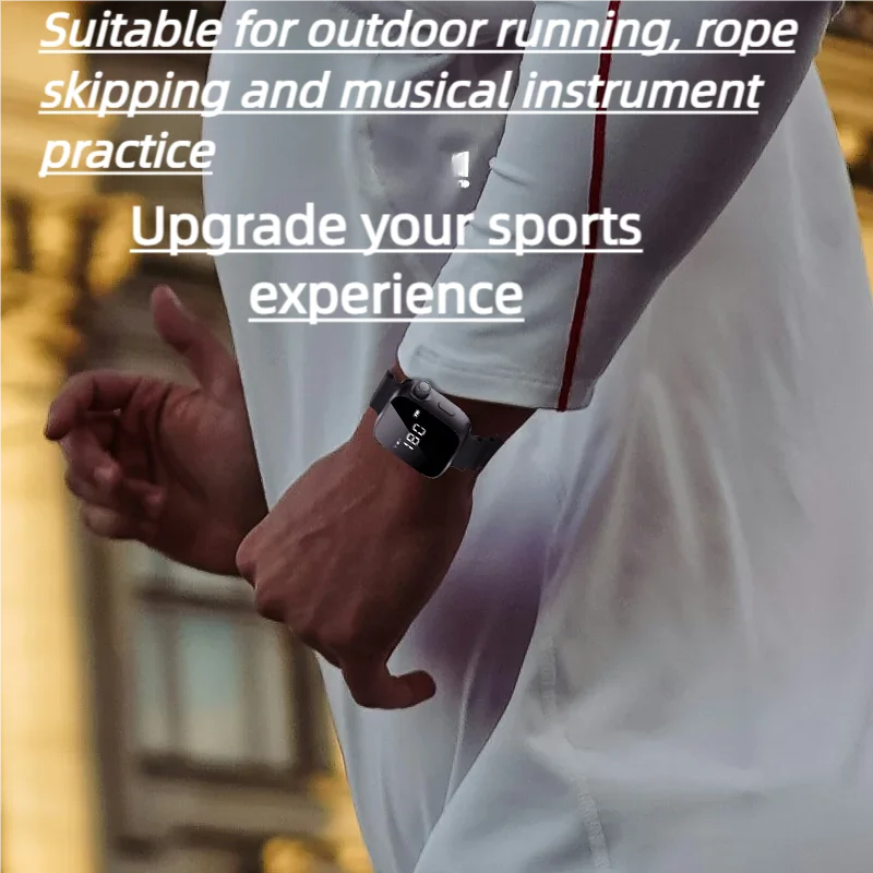Black wearable vibrating metronome watch with rectangular screen showing 180 worn on wrist for running music practice