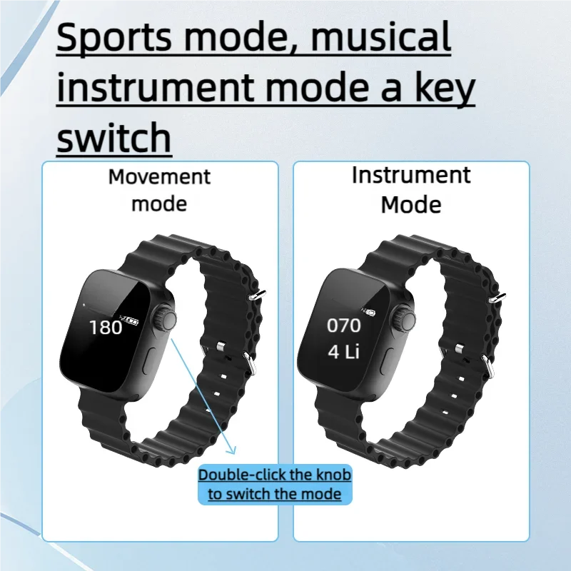 Black wearable vibrating metronome watch with textured silicone band and rectangular display for running music practice