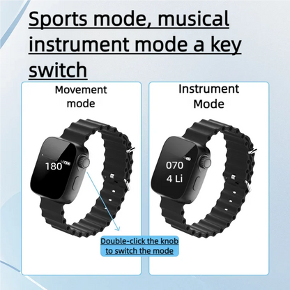 Black wearable vibrating metronome watch with textured silicone band and rectangular display for running music practice