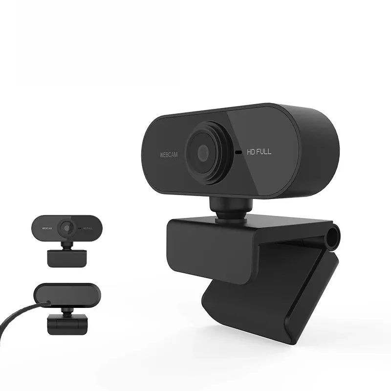 Black usb computer camera with microphone and adjustable mount for zoom teams streaming and video calls on pc and mac