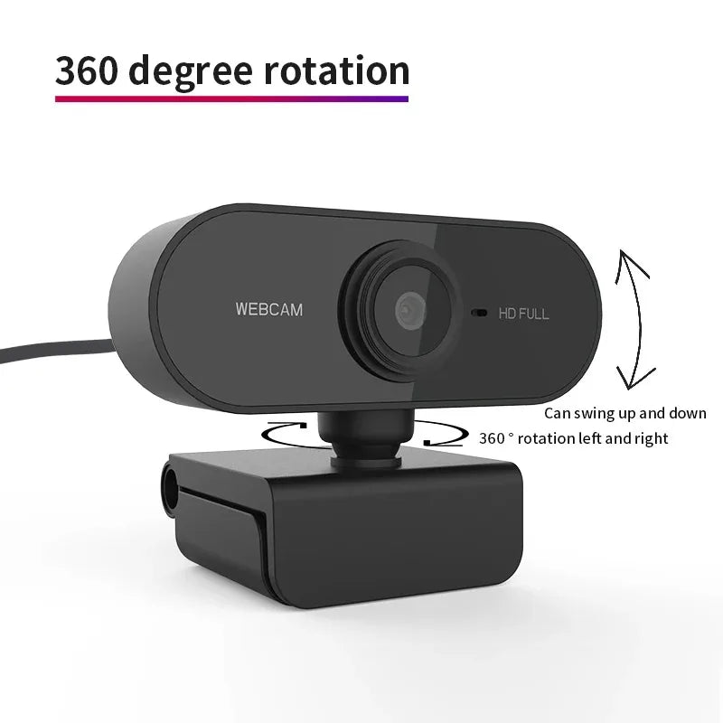 Black plastic usb computer camera with microphone hd full label and 360-degree rotation for zoom teams streaming