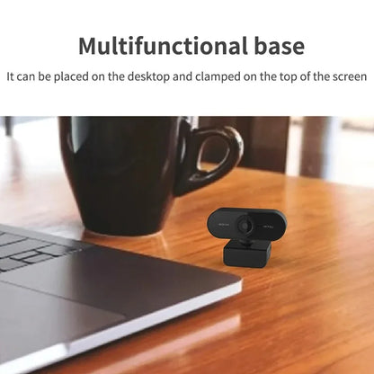 Black plastic usb computer camera with microphone and small lens for zoom teams streaming and video calls