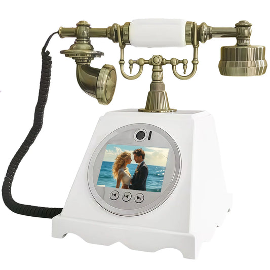 Vintage-style brass video guestbook telephone with circular screen for blessing hd recording and banquet voice use