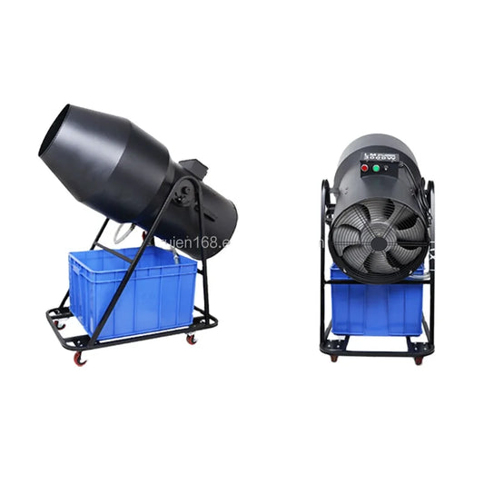 Black industrial 3000w foldable wedding stage effect foam cannon with blue plastic bin on wheeled metal stand for disco dj jet outdoor use