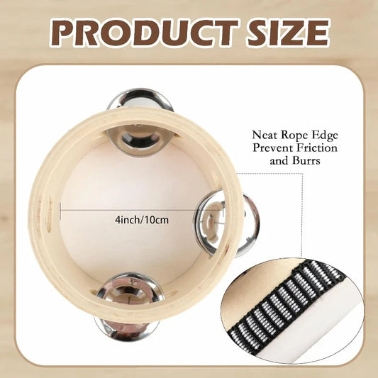 Beige wooden wedding tambourine drum with three shiny chrome jingles percussion gift wood musical educational drum instrument