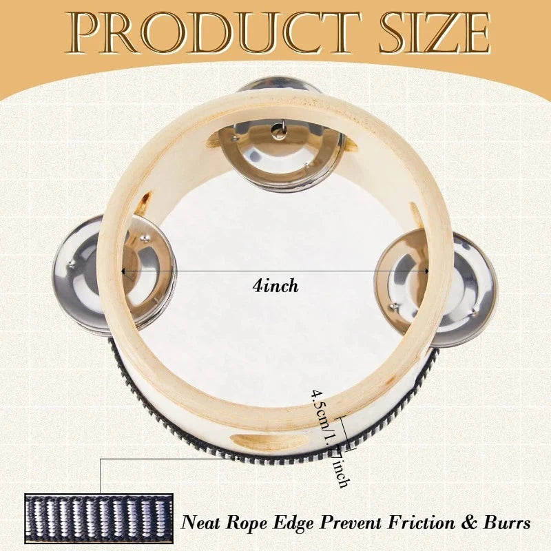 Wedding tambourine drum with 4-inch wood frame, chrome jingles, and black rope edge for percussion gift wood use