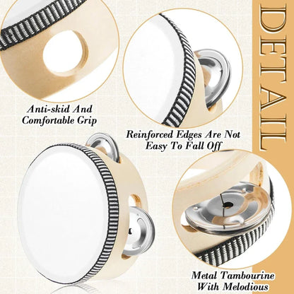 Beige wooden wedding tambourine drum with black and white striped edge trim and shiny metal jingles for percussion gift wood
