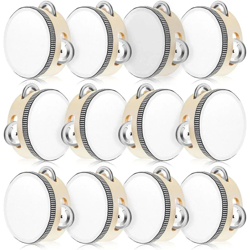 Beige wooden wedding tambourine drum with white drumhead and silver jingles percussion gift wood musical educational drum