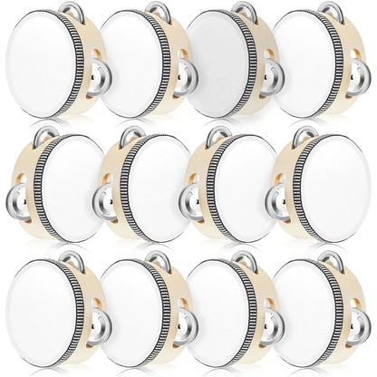 Beige wooden wedding tambourine drum with white drumhead and silver jingles percussion gift wood musical educational drum