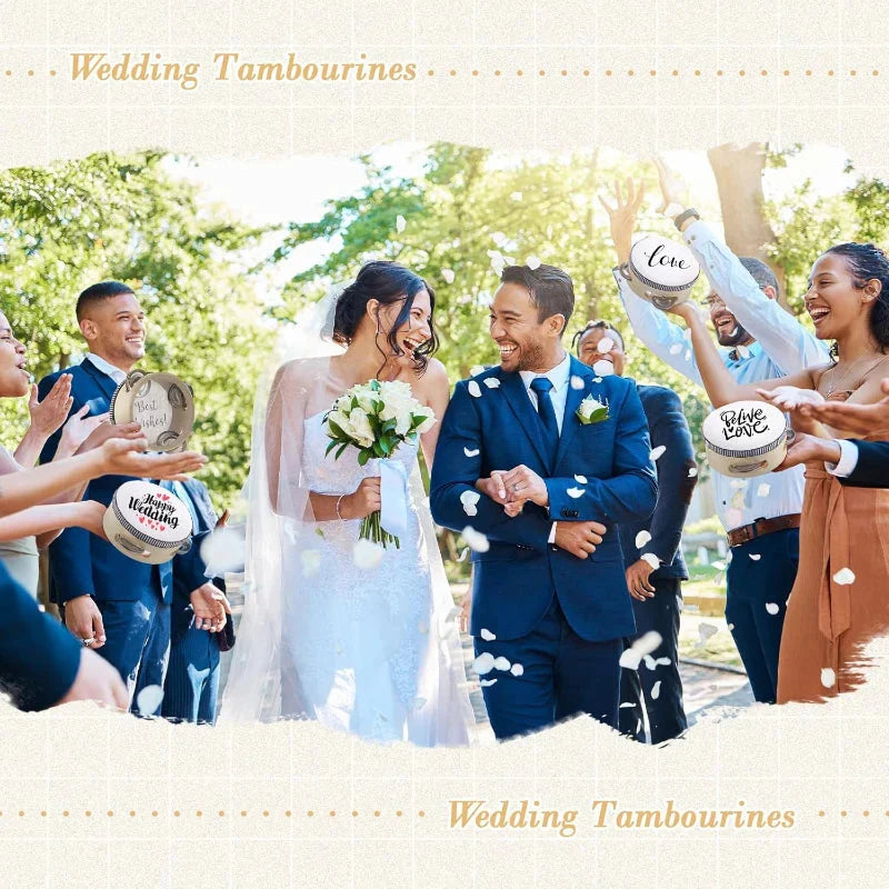 White and gold wedding tambourine drum with love and happy wedding inscriptions percussion gift wood musical educational drum