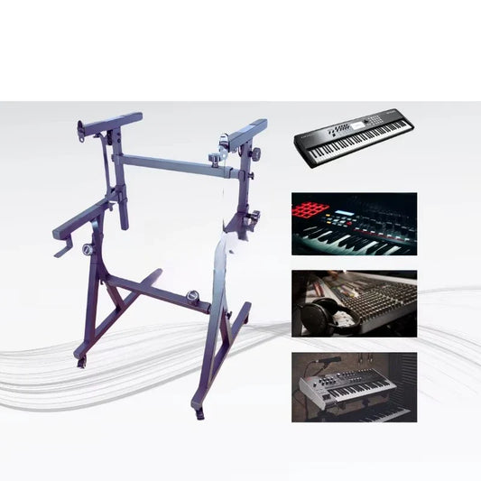 Adjustable black metal wheeled keyboard stand with padded armrests for recording dj music at beat music store